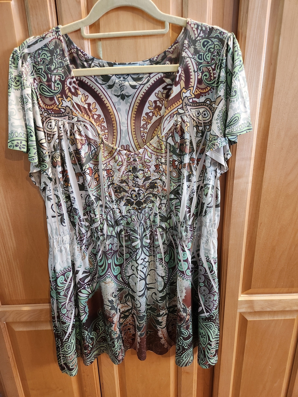 Paisley Print Short Sleeve Women's Top in Mint & Brown